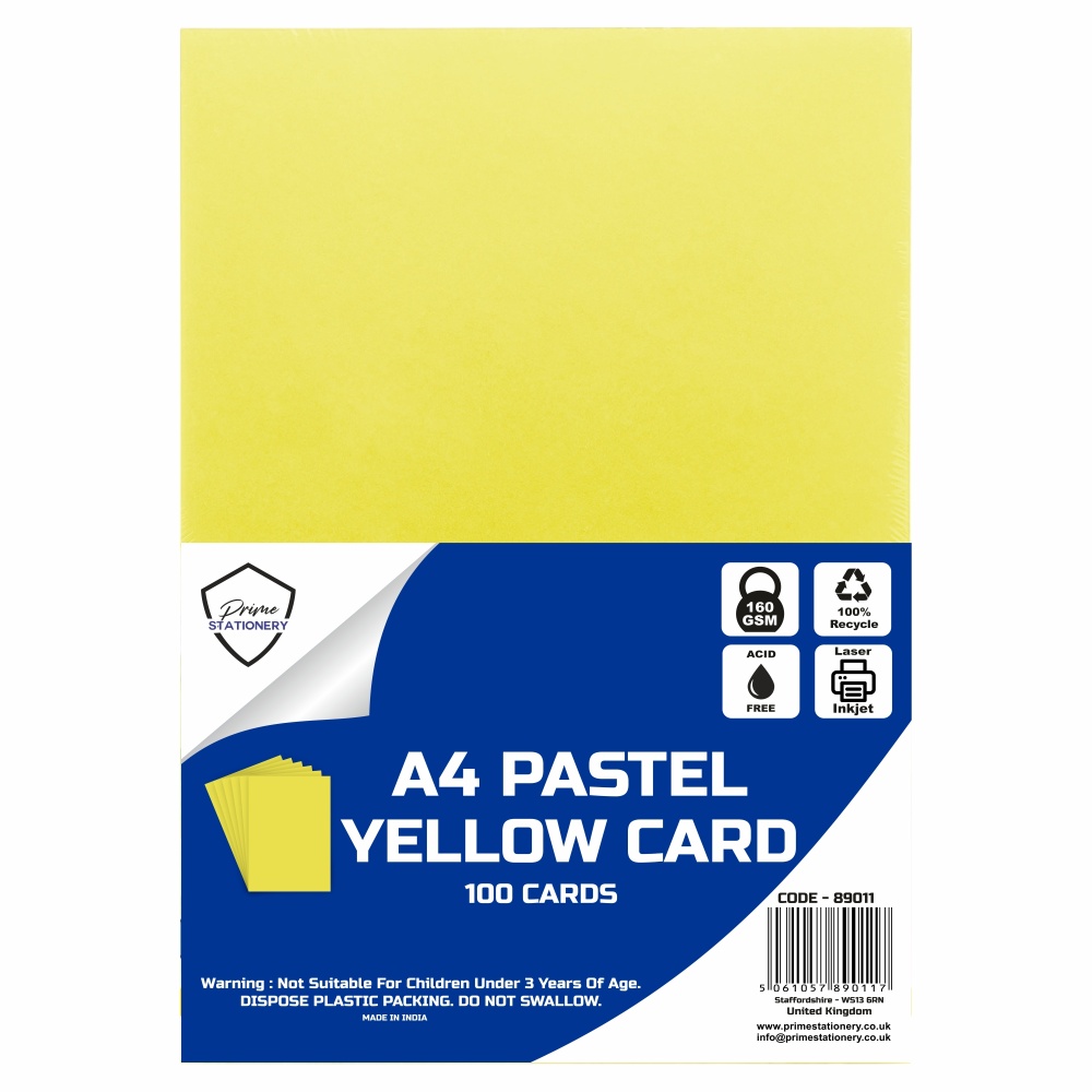 Prime A4 Pastel Yellow Card 160 GSM 100 Sheets